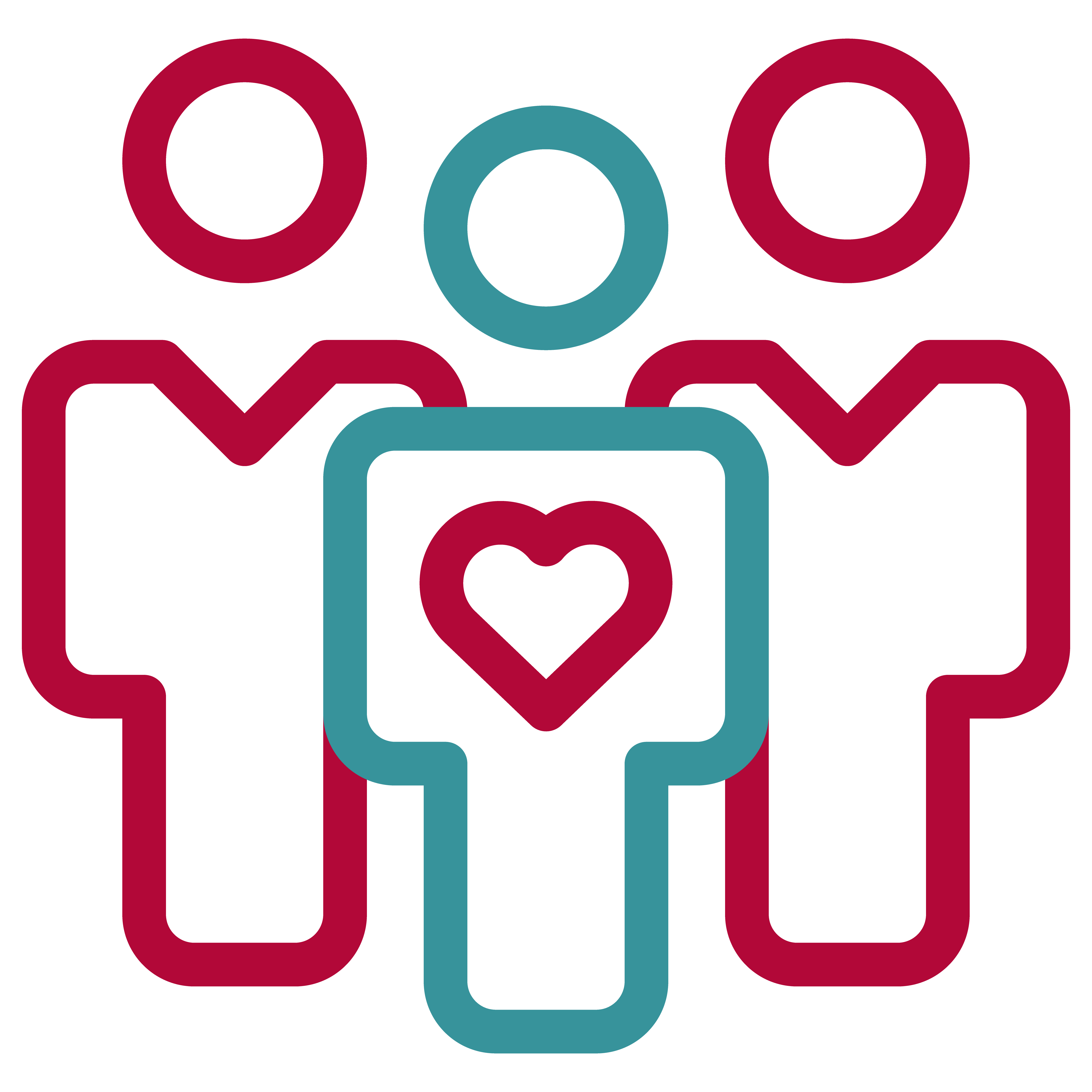 illustration of three people standing in a row, the person in the middle has a heart in the center